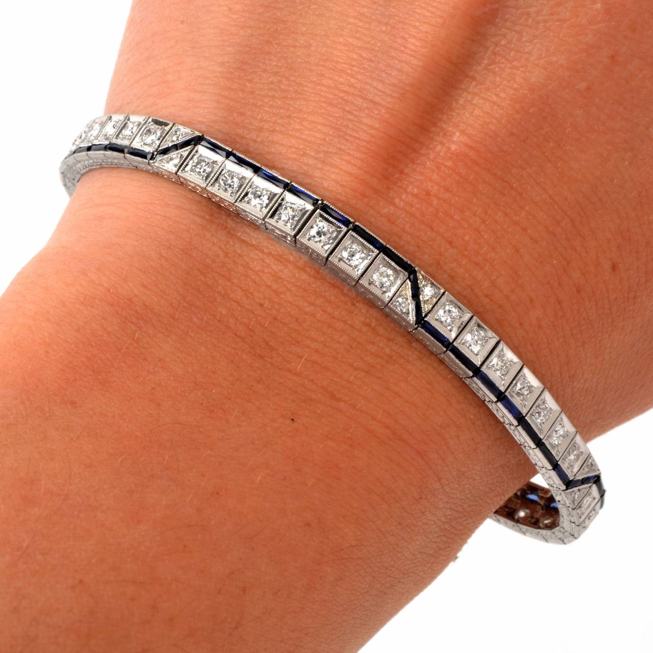 Art Deco Sapphire Diamond Platinum Line Bracelet 3