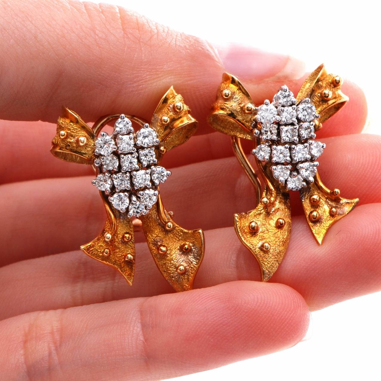 1960s Charming Diamond Gold Ribbon Bow Earrings 2