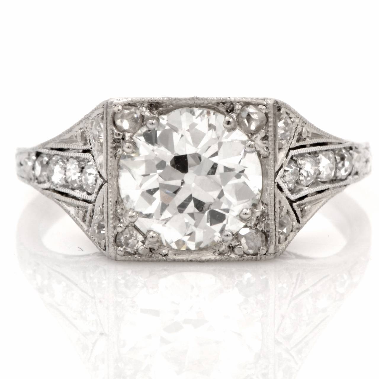 Art Deco 1.84 Carat European Old Mine Cut Diamond Platinum Engagement Ring