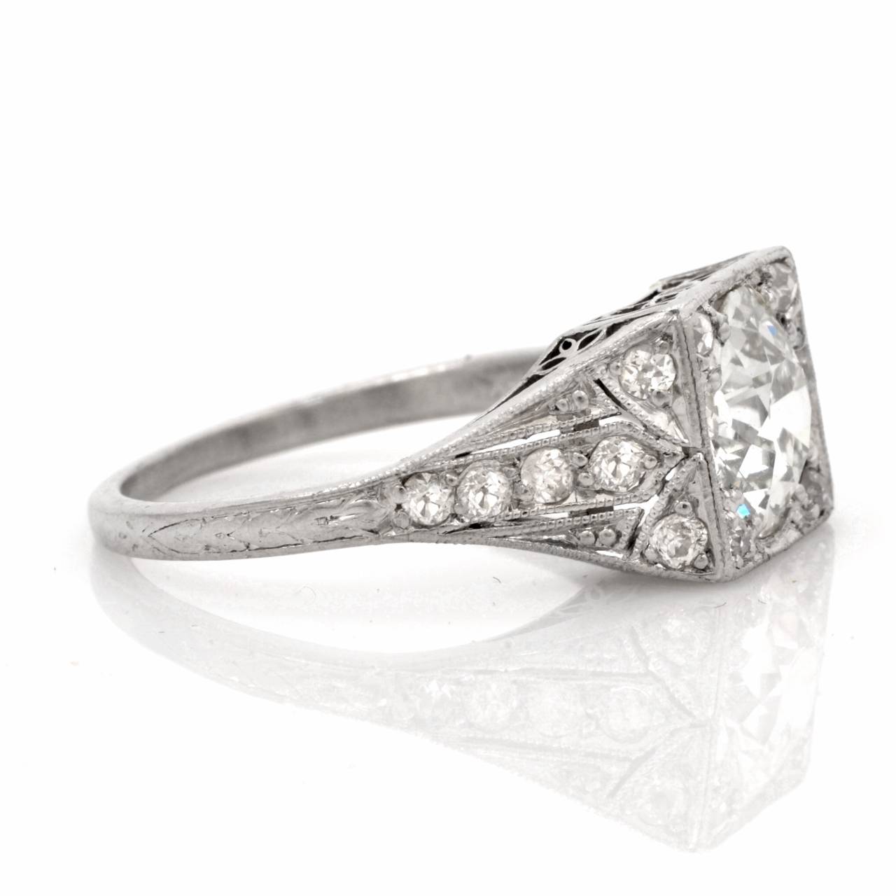 1.84 Carat European Old Mine Cut Diamond Platinum Engagement Ring In Excellent Condition In Miami, FL