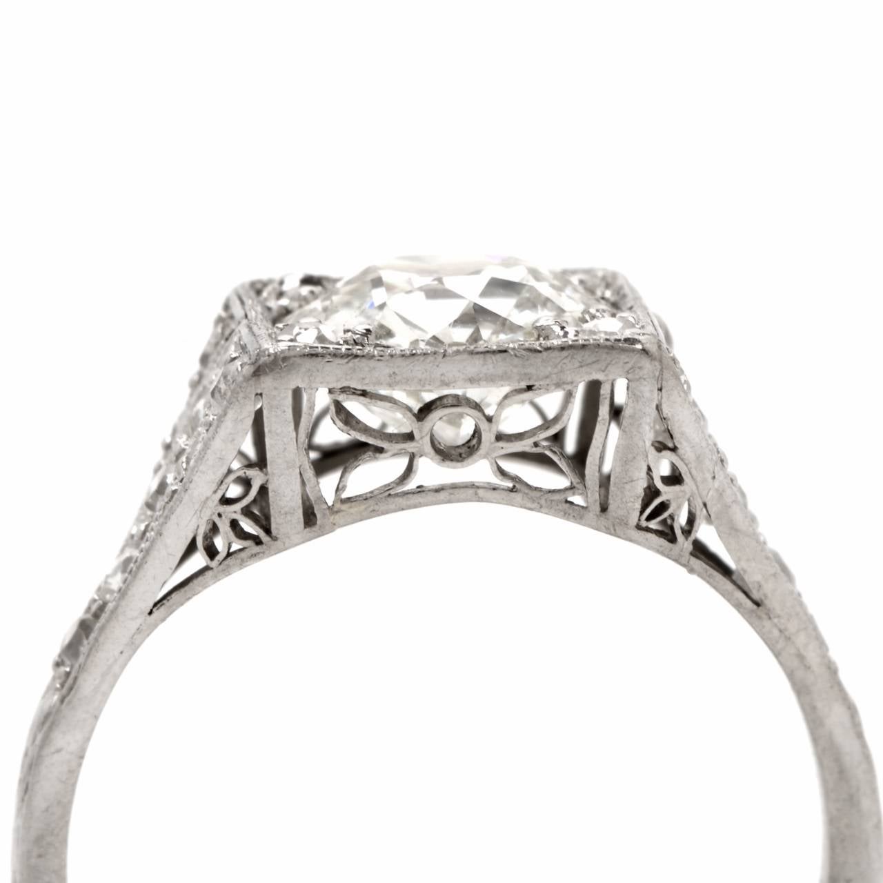 Women's 1.84 Carat European Old Mine Cut Diamond Platinum Engagement Ring