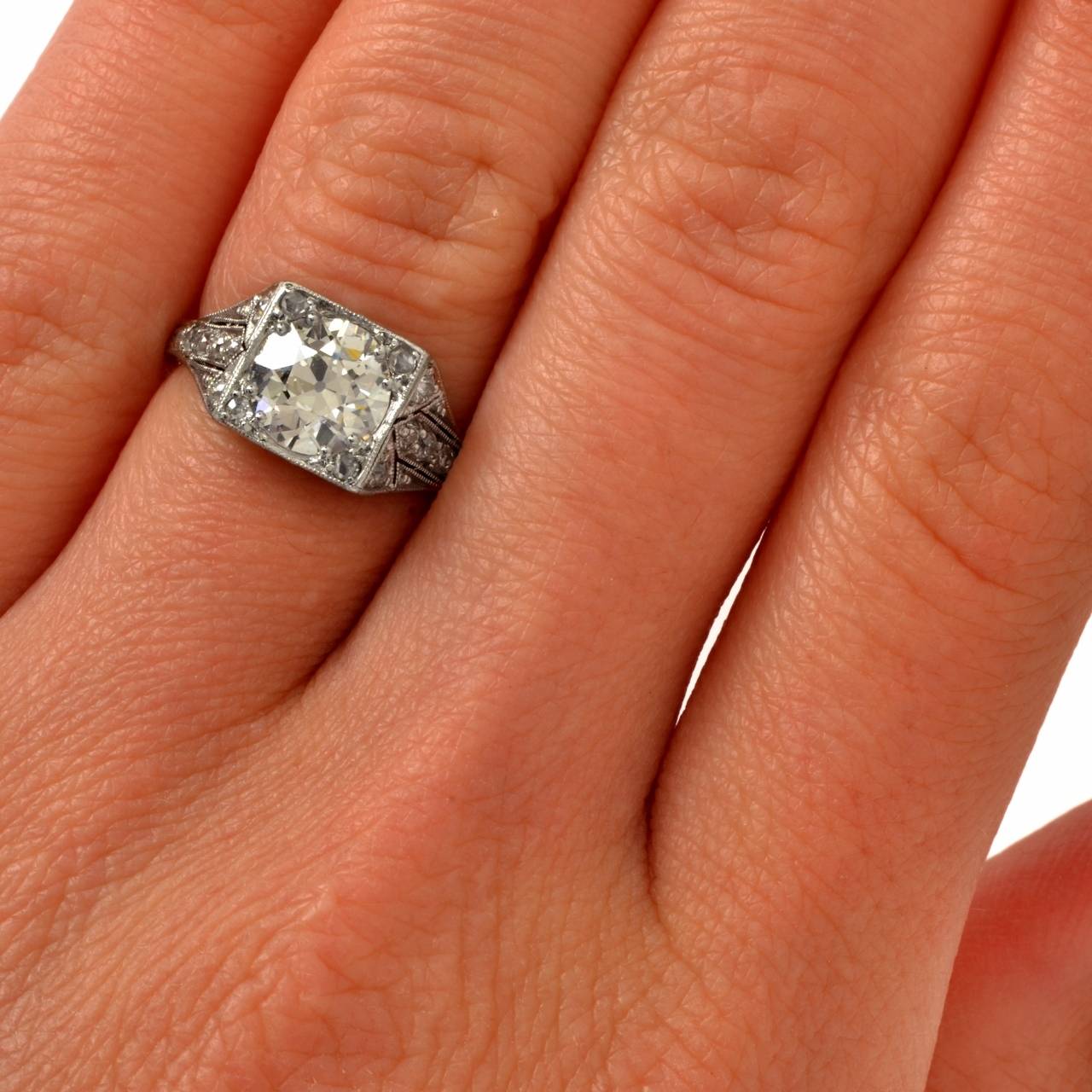 1.84 Carat European Old Mine Cut Diamond Platinum Engagement Ring 2
