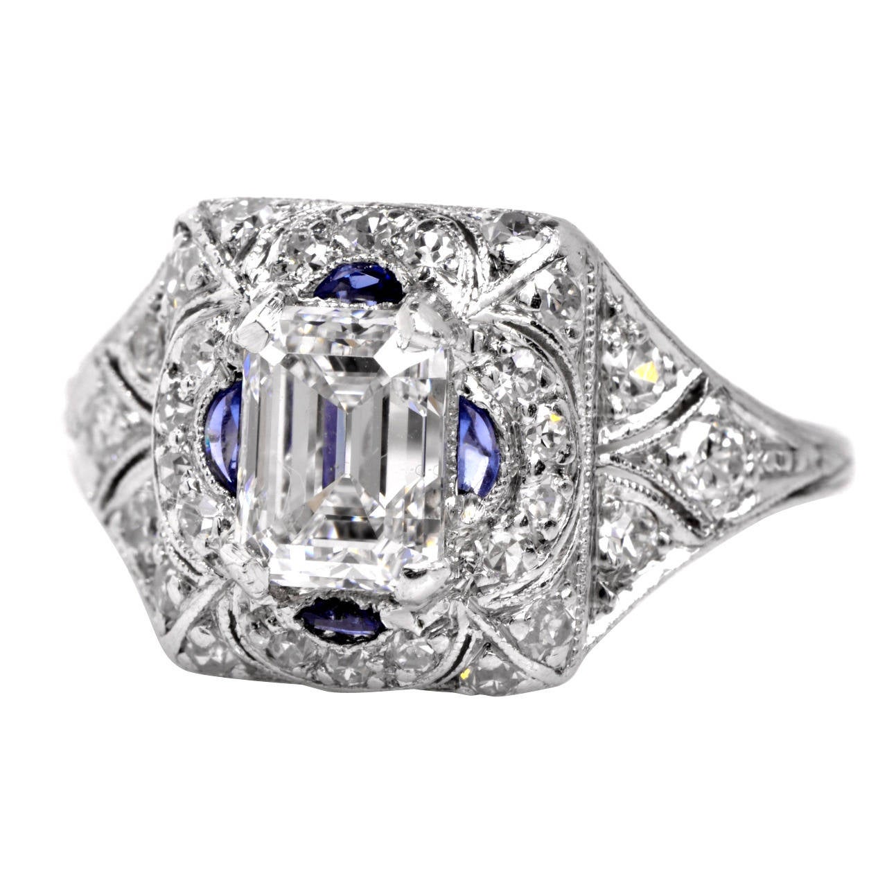 Art Deco Sapphire Diamond Platinum Engagement Ring