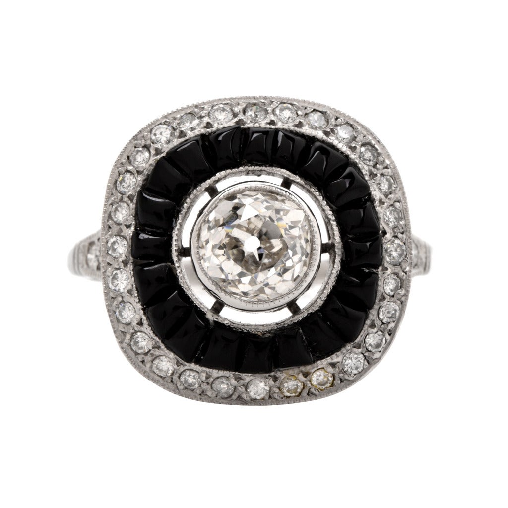 Art Deco Black Onyx Diamond Platinum Engagement Ring