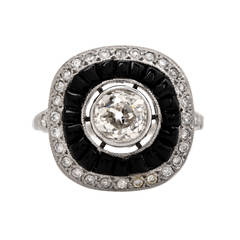 Retro Art Deco Black Onyx Diamond Platinum Engagement Ring