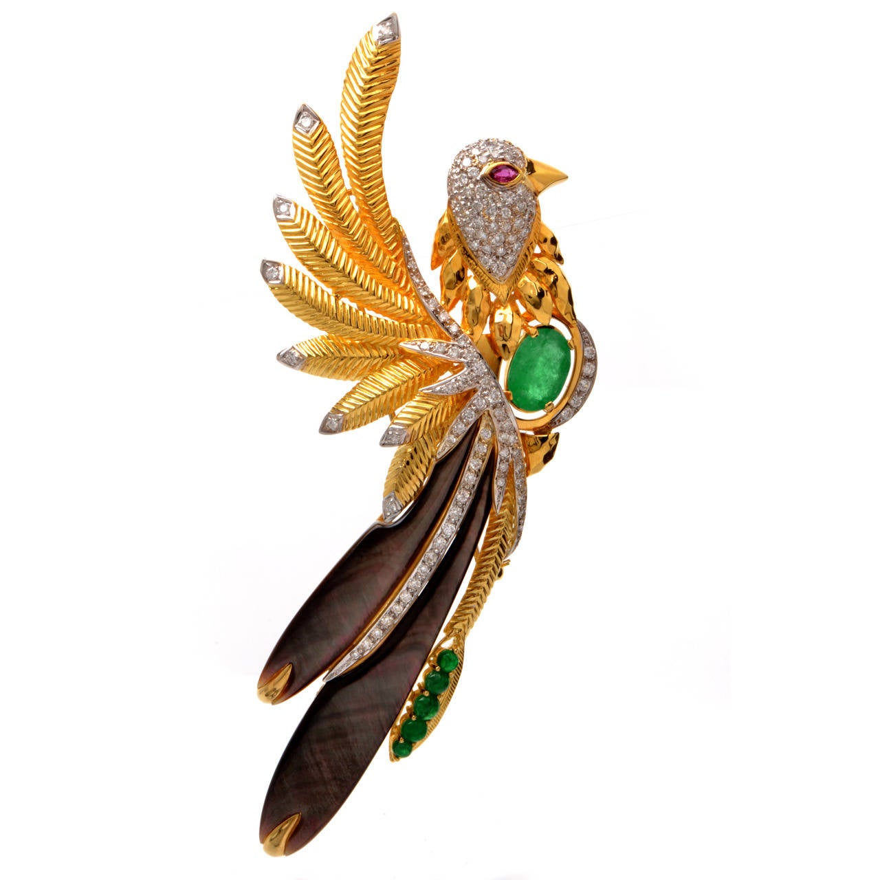 Emerald Ruby Diamond Gold Large Bird Brooch Pin