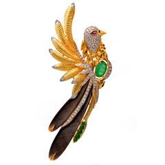 Emerald Ruby Diamond Gold Large Bird Brooch Pin