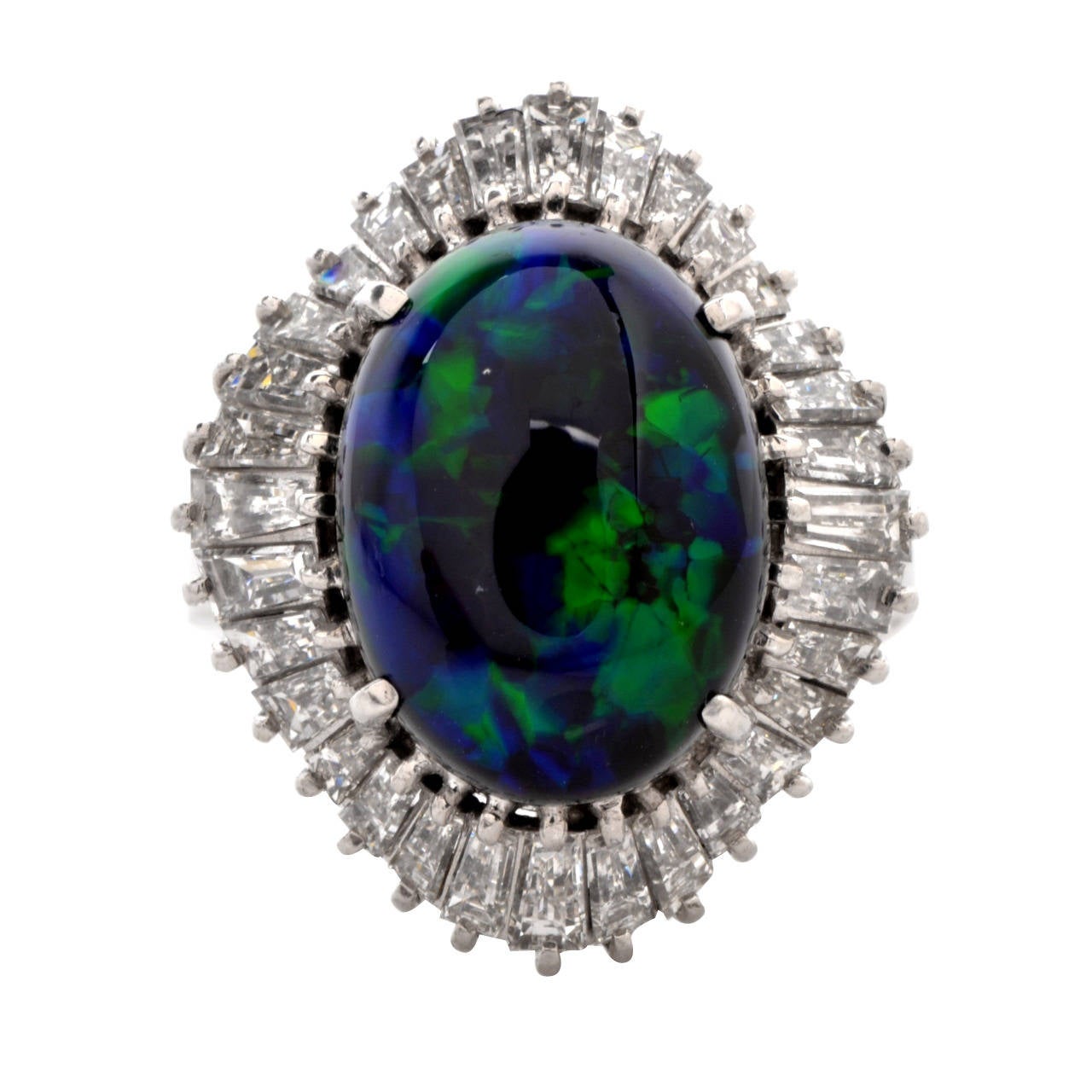 Black Opal Cabochon Baguette Diamond Platinum Ballerina Cocktail Ring