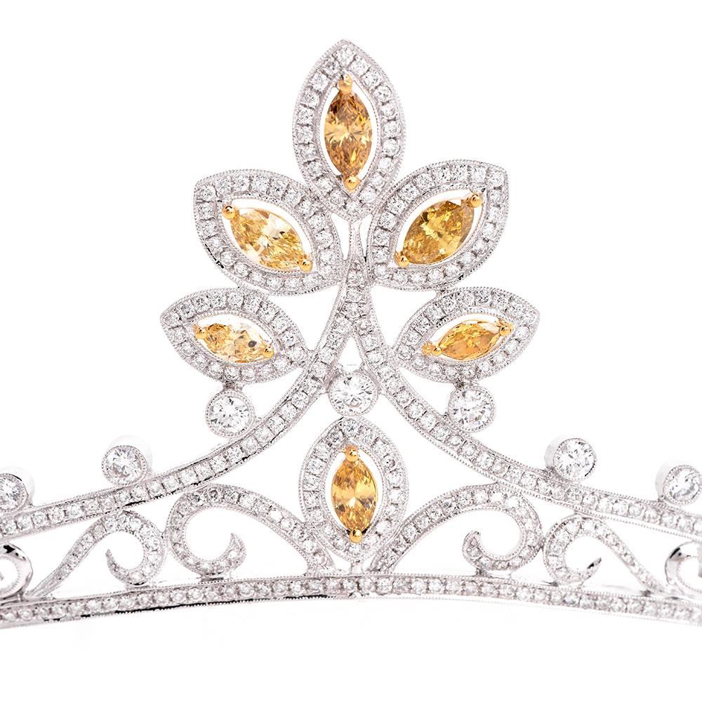 This antique style diamond tiara of immaculate design and  craftsmanship is crafted in solid 18K white gold.  This alluring 'Napoleonic' hair ornament is designed as an enchanting assemblage of 6 graduated marquise-shaped profiles, each exposing  a