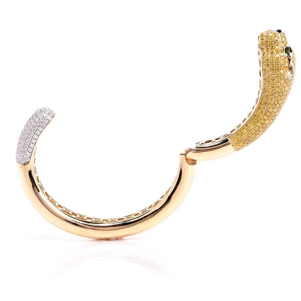 Natural Fancy Intense Yellow Diamond Panthere Cuff Gold Bangle Bracelet In Excellent Condition In Miami, FL