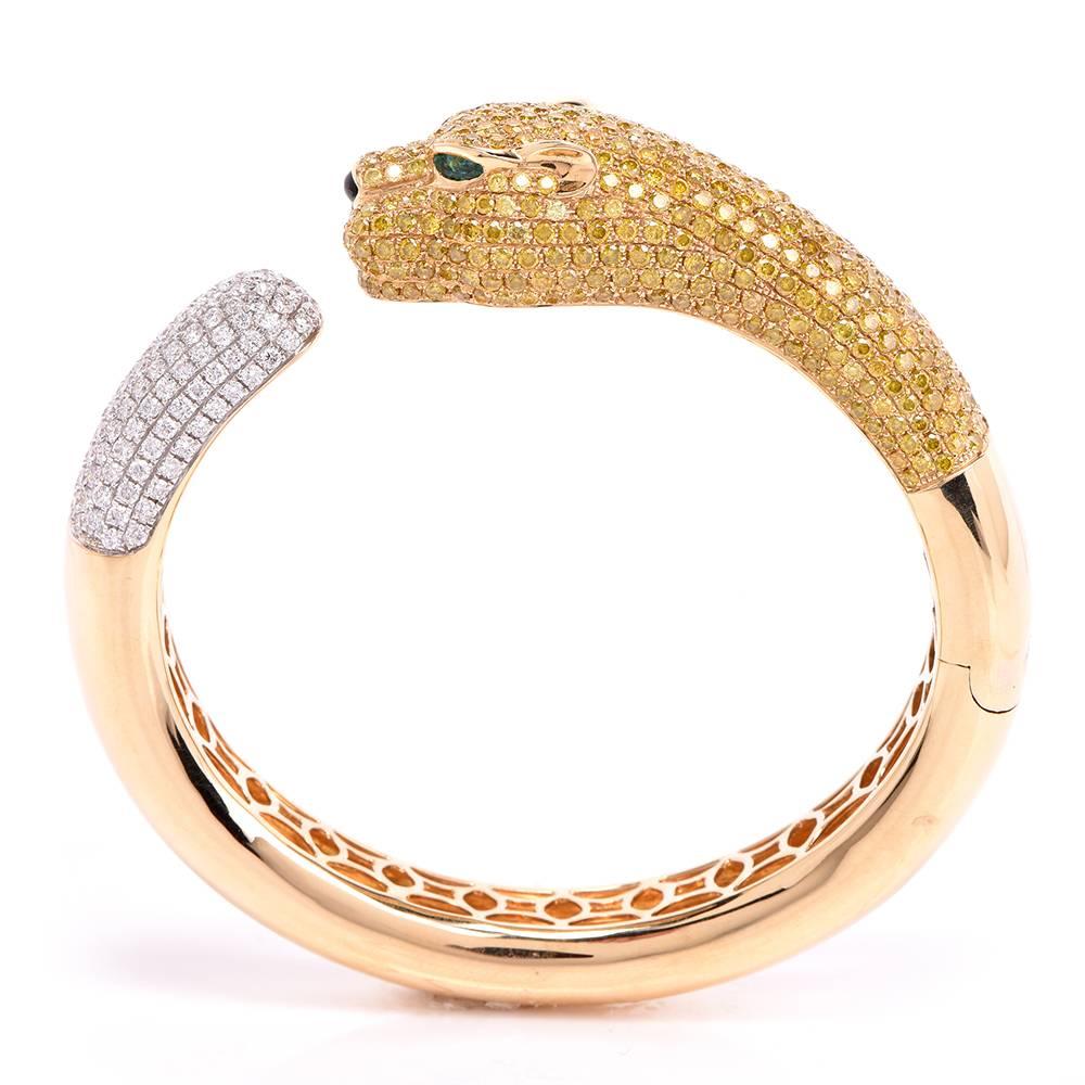 Natural Fancy Intense Yellow Diamond Panthere Cuff Gold Bangle Bracelet 2