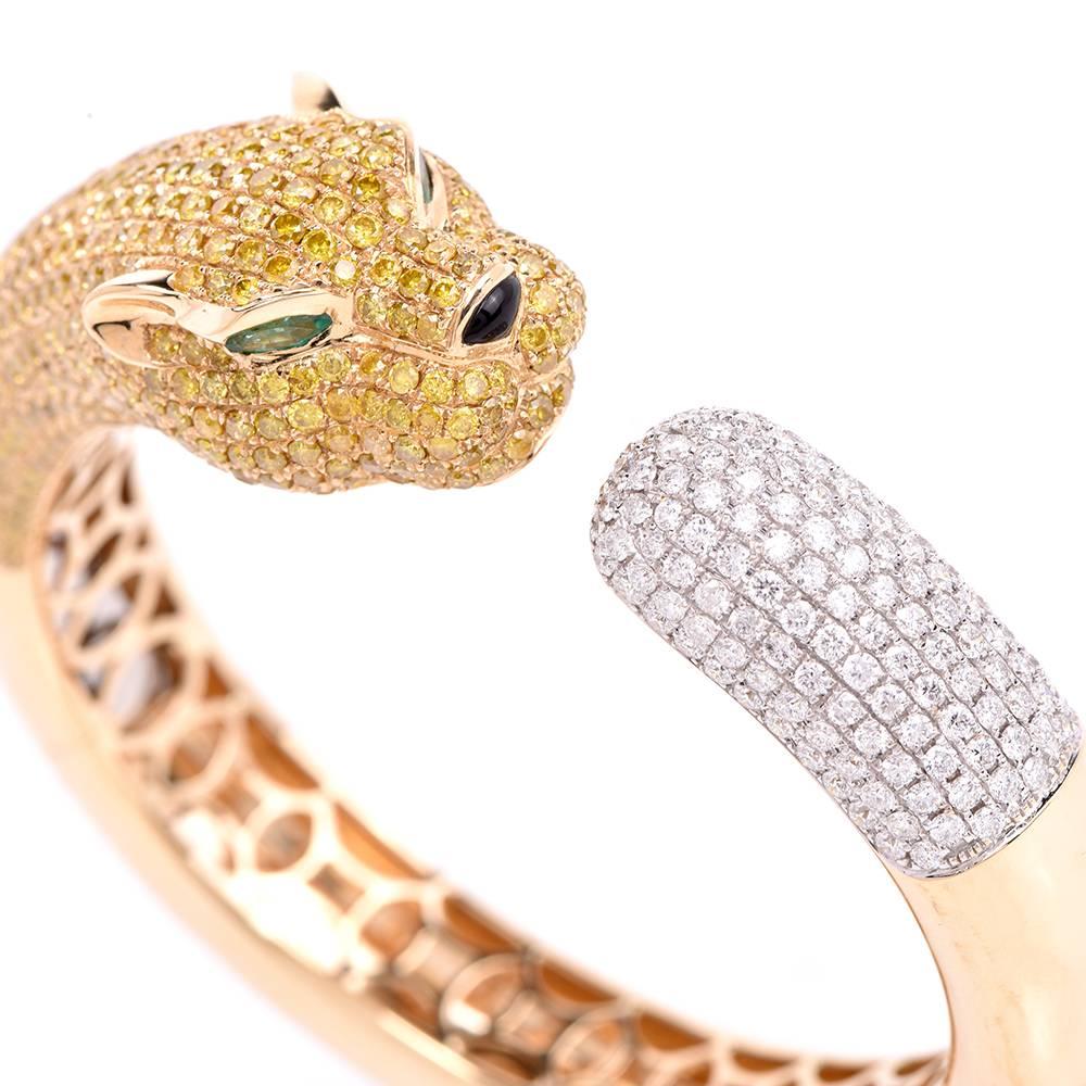 Women's Natural Fancy Intense Yellow Diamond Panthere Cuff Gold Bangle Bracelet