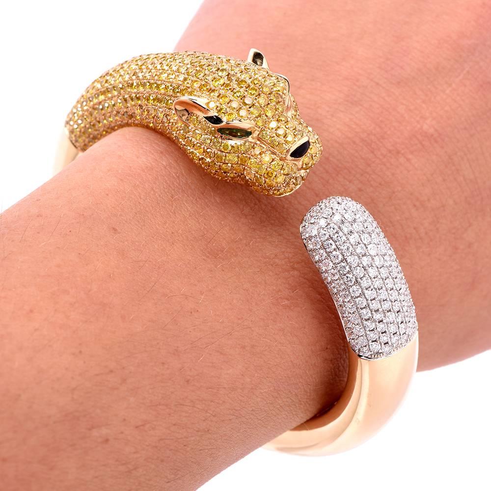 Natural Fancy Intense Yellow Diamond Panthere Cuff Gold Bangle Bracelet 3