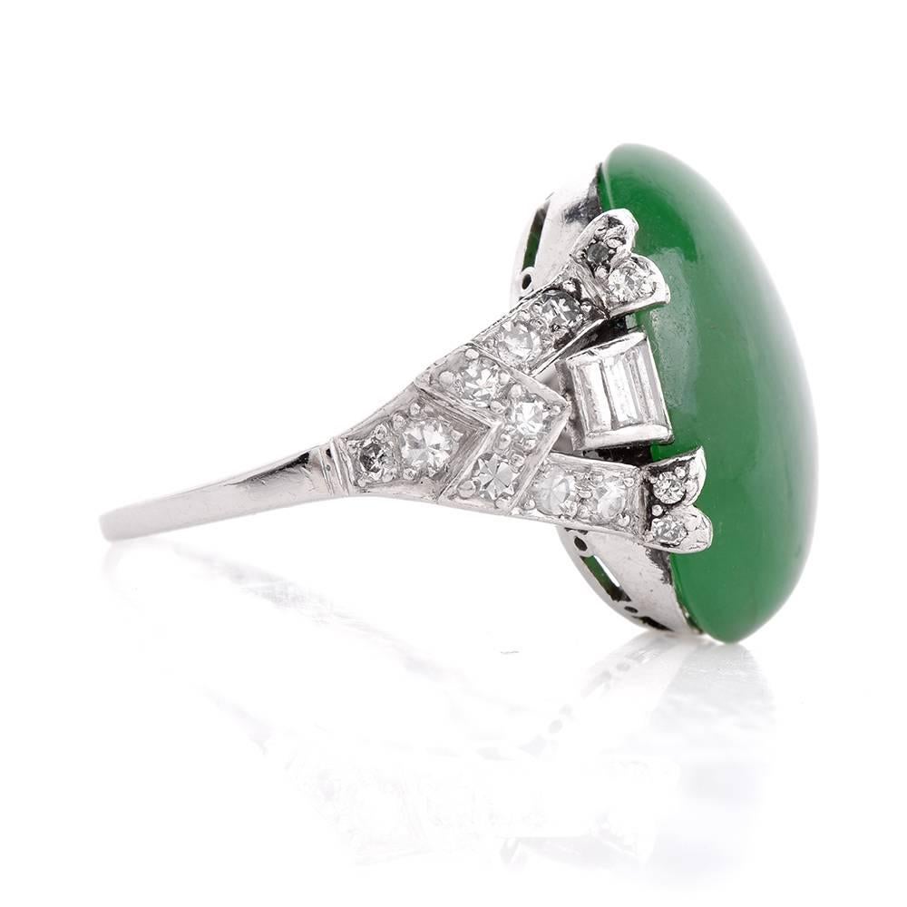Women's GIA Certified Art Deco 10.22 Carat Jade Cabochon Diamond Platinum Ring