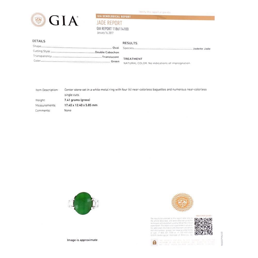 Baguette Cut GIA Certified Art Deco 10.22 Carat Jade Cabochon Diamond Platinum Ring