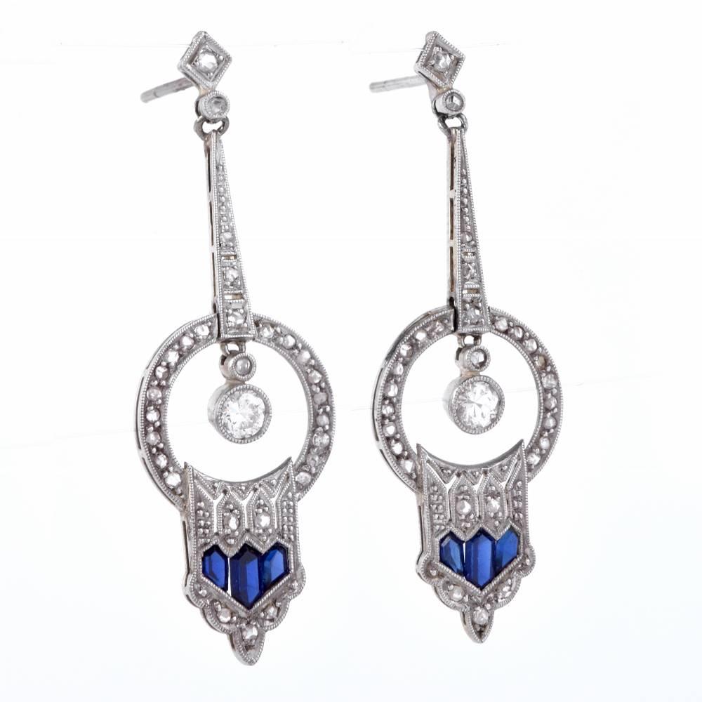 Art Deco Geometric Diamond Sapphire Pendant Earrings