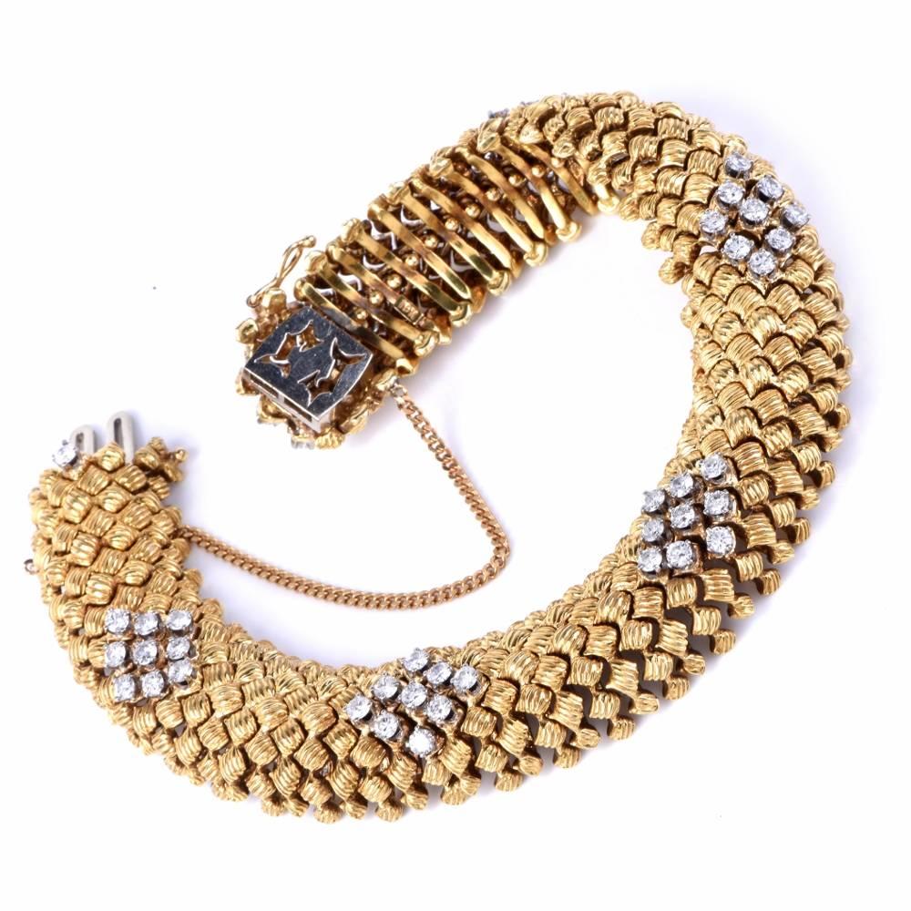 Round Cut Vintage Diamond Woven Gold Flexible Bracelet For Sale