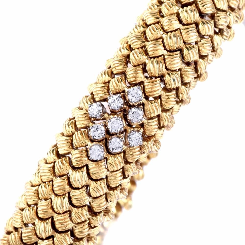 Flexibles Vintage-Armband aus gewebtem Gold mit Diamanten im Zustand „Hervorragend“ im Angebot in Miami, FL