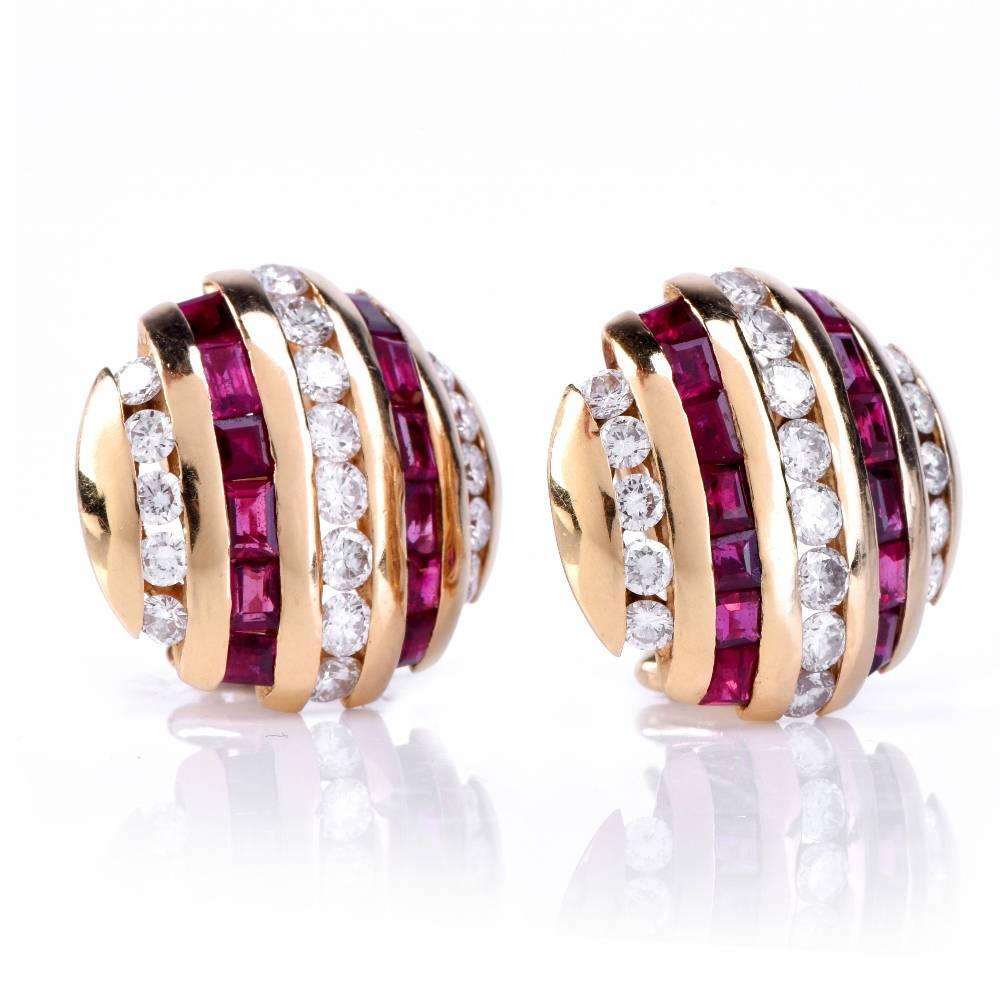 Ruby and Diamond Yellow Gold Clip-Back Stud Earrings In Excellent Condition In Miami, FL