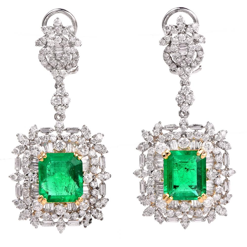 Emerald Diamond Dangle Drop Earrings