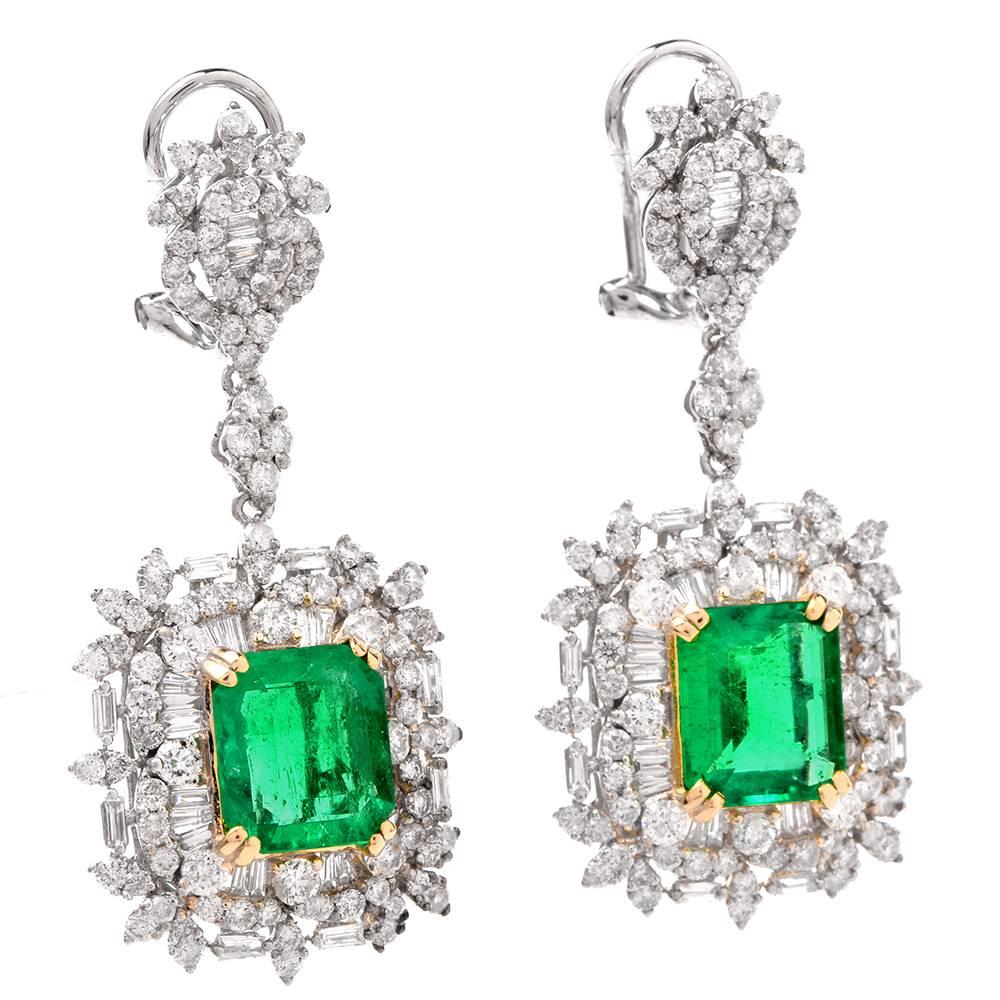 Art Deco Emerald Diamond Dangle Drop Earrings