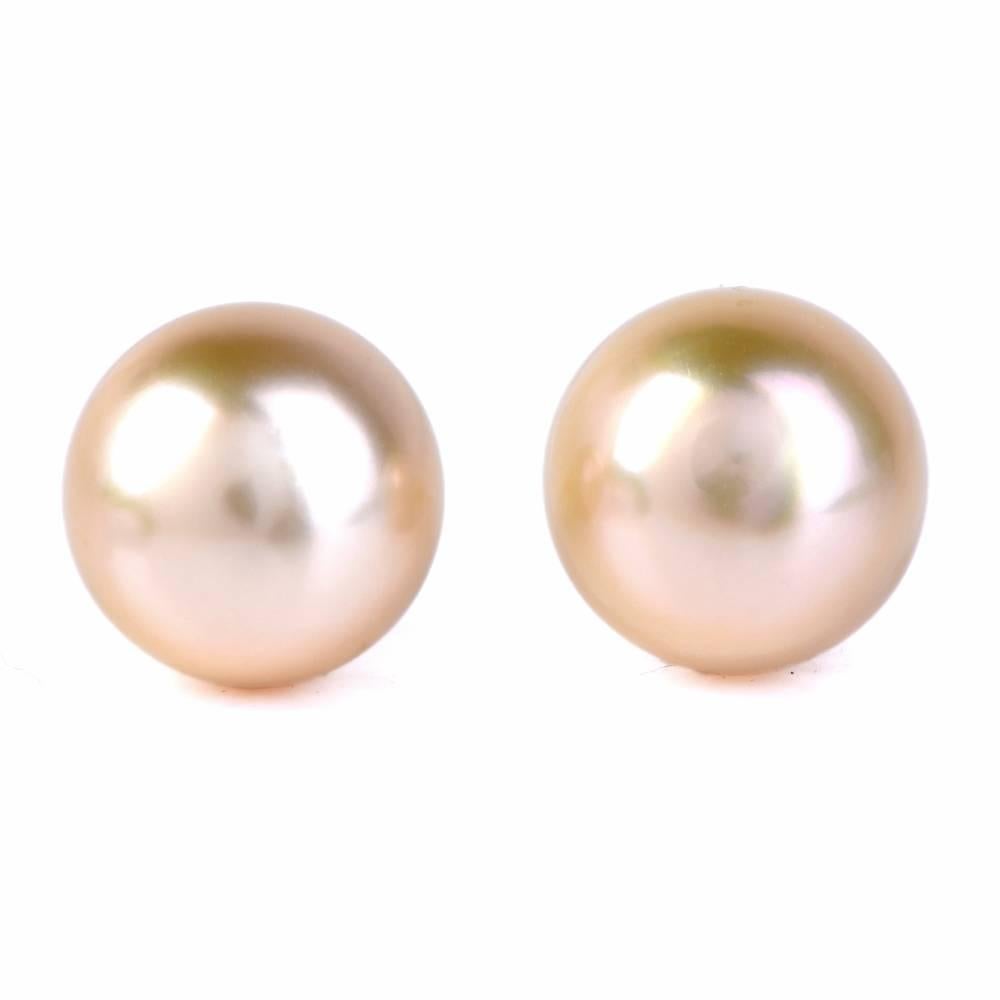 Golden South Sea Pearl Stud Earrings In Excellent Condition In Miami, FL