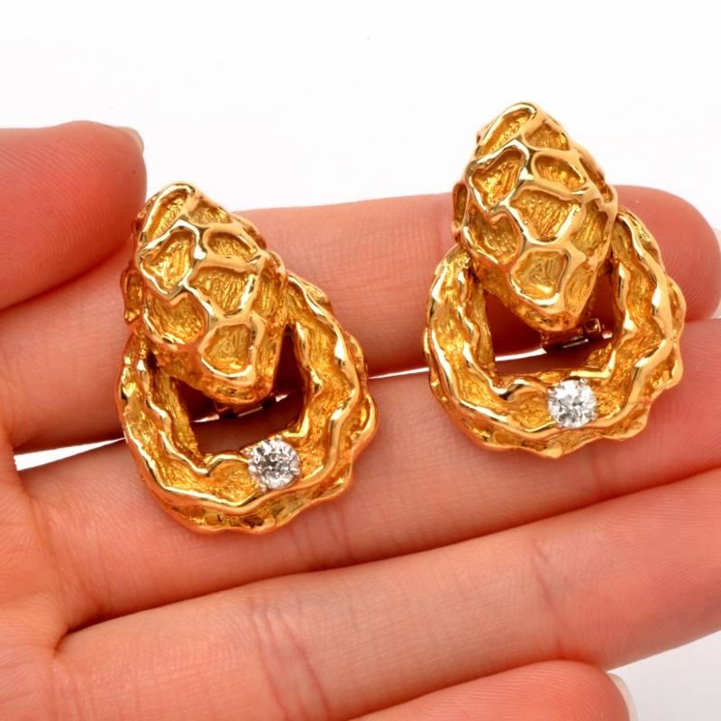 Women's 1970s French Door Knob Diamond Gold Clip-On Earrings