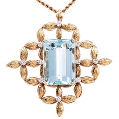 1960s 59.60 Carat Aquamarine Diamond Gold Brooch Pin and Pendant