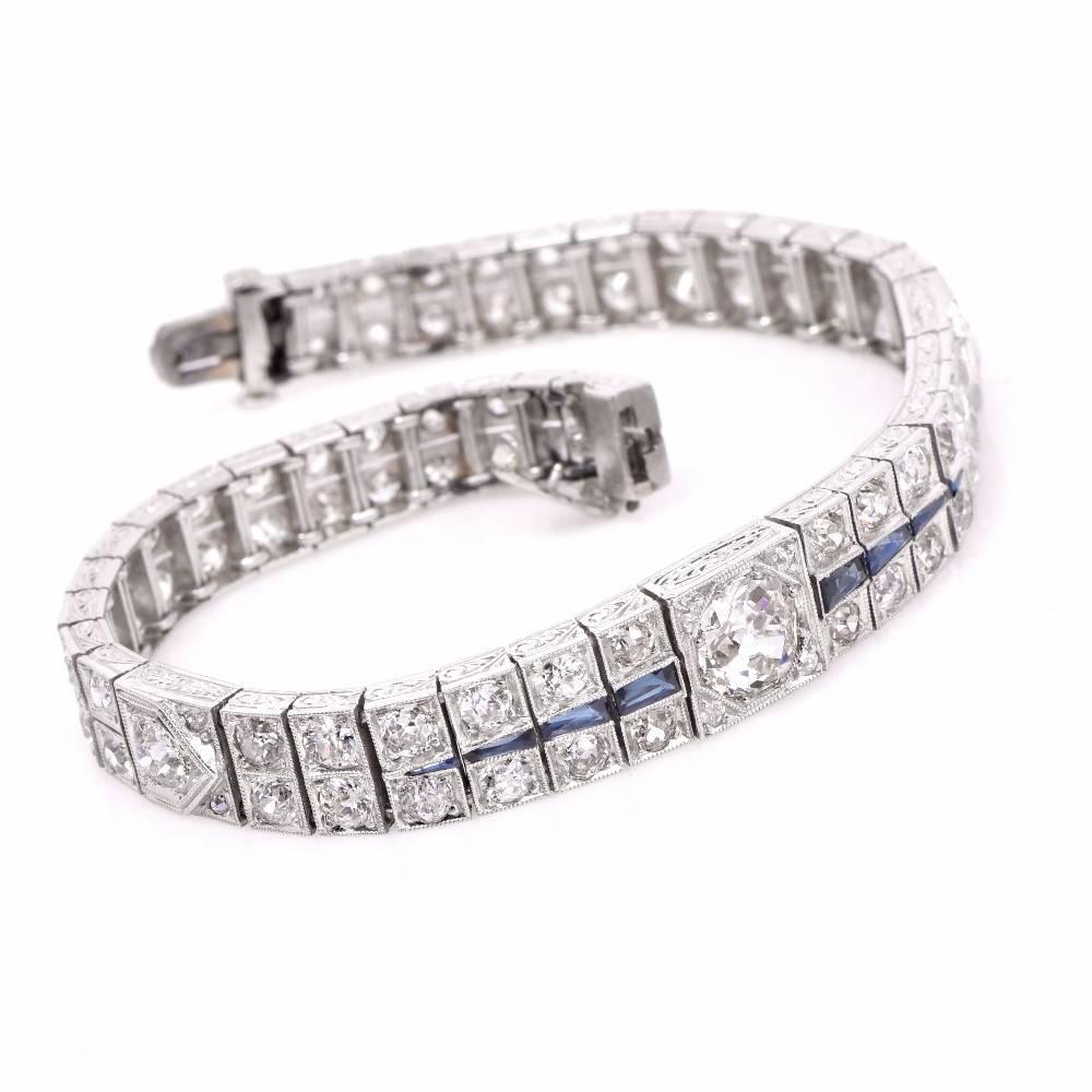 Art Deco 1930s Antique Deco Diamond Sapphire Platinum Link Bracelet