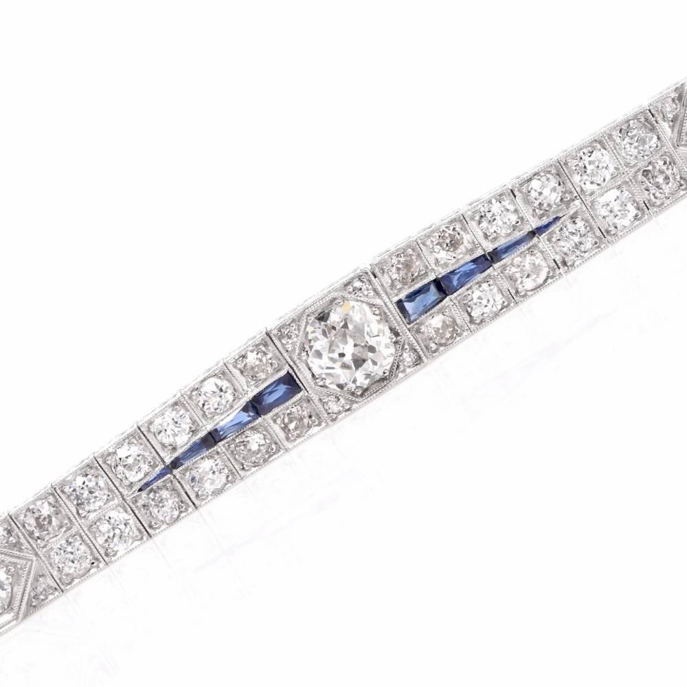 1930s Antique Deco Diamond Sapphire Platinum Link Bracelet In Excellent Condition In Miami, FL