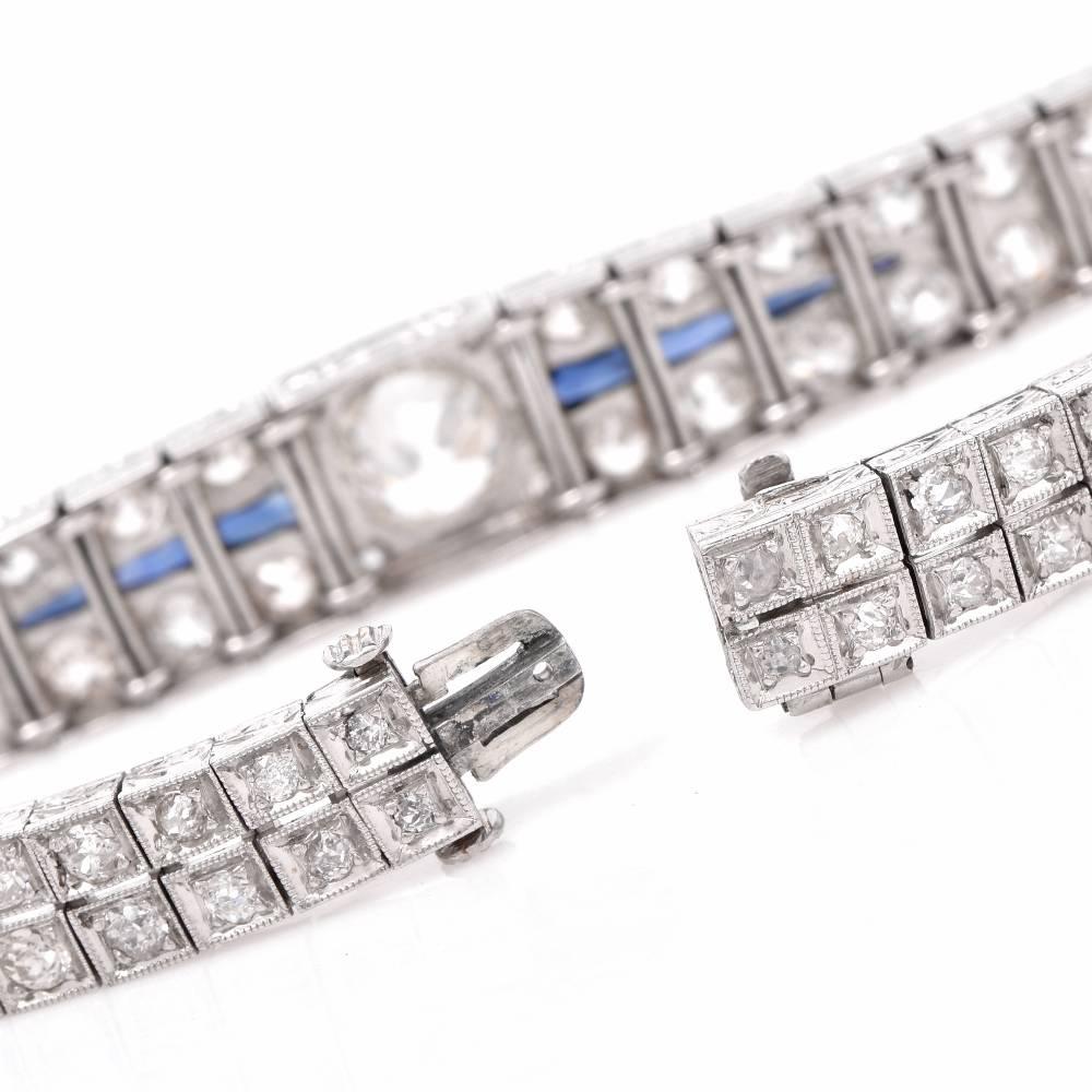 Women's 1930s Antique Deco Diamond Sapphire Platinum Link Bracelet