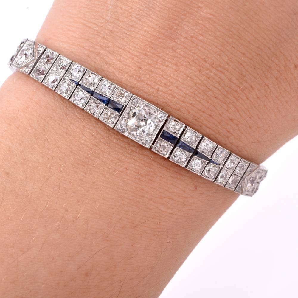 1930s Antique Deco Diamond Sapphire Platinum Link Bracelet 1