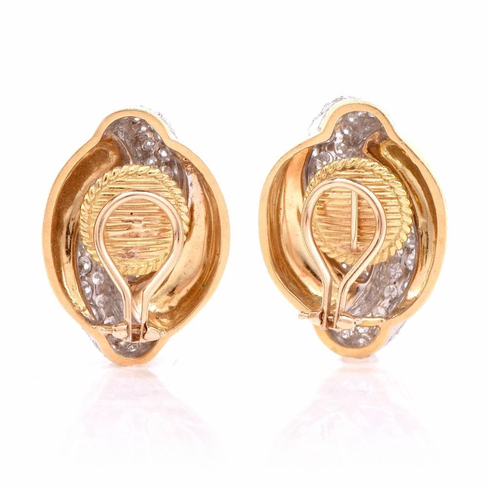 20th Century Twisted Diamond Hoop Clip-Back Gold Earrings In Excellent Condition In Miami, FL