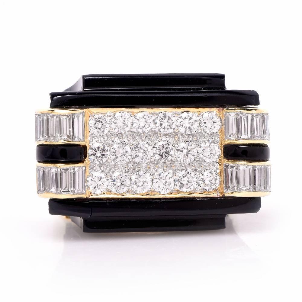 This fabulous1970's wide cocktail  ring is adorned with 18 genuine round cut Diamonds approx: 1.44carats and 16 genuine baguette cut Diamonds approx: 0.64 carats all  G-H color, VS1-VS2 clarity, channel set and accented with genuine geometric Onyx.