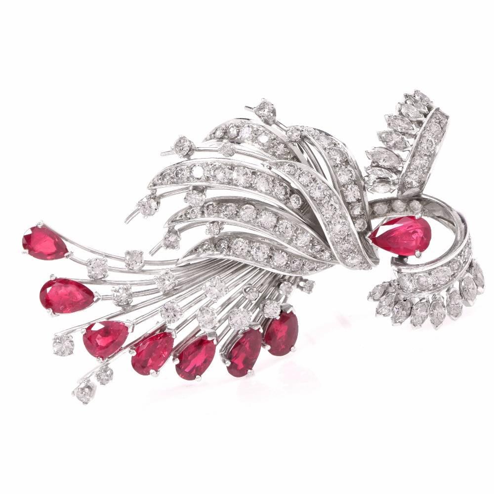 1950s Diamond Ruby Cocktail Pin Brooch In Excellent Condition In Miami, FL