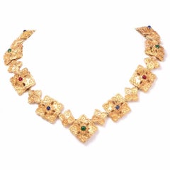 1970s Vintage Diamond Multi Gemstone Gold Pendant Necklace and Bracelet