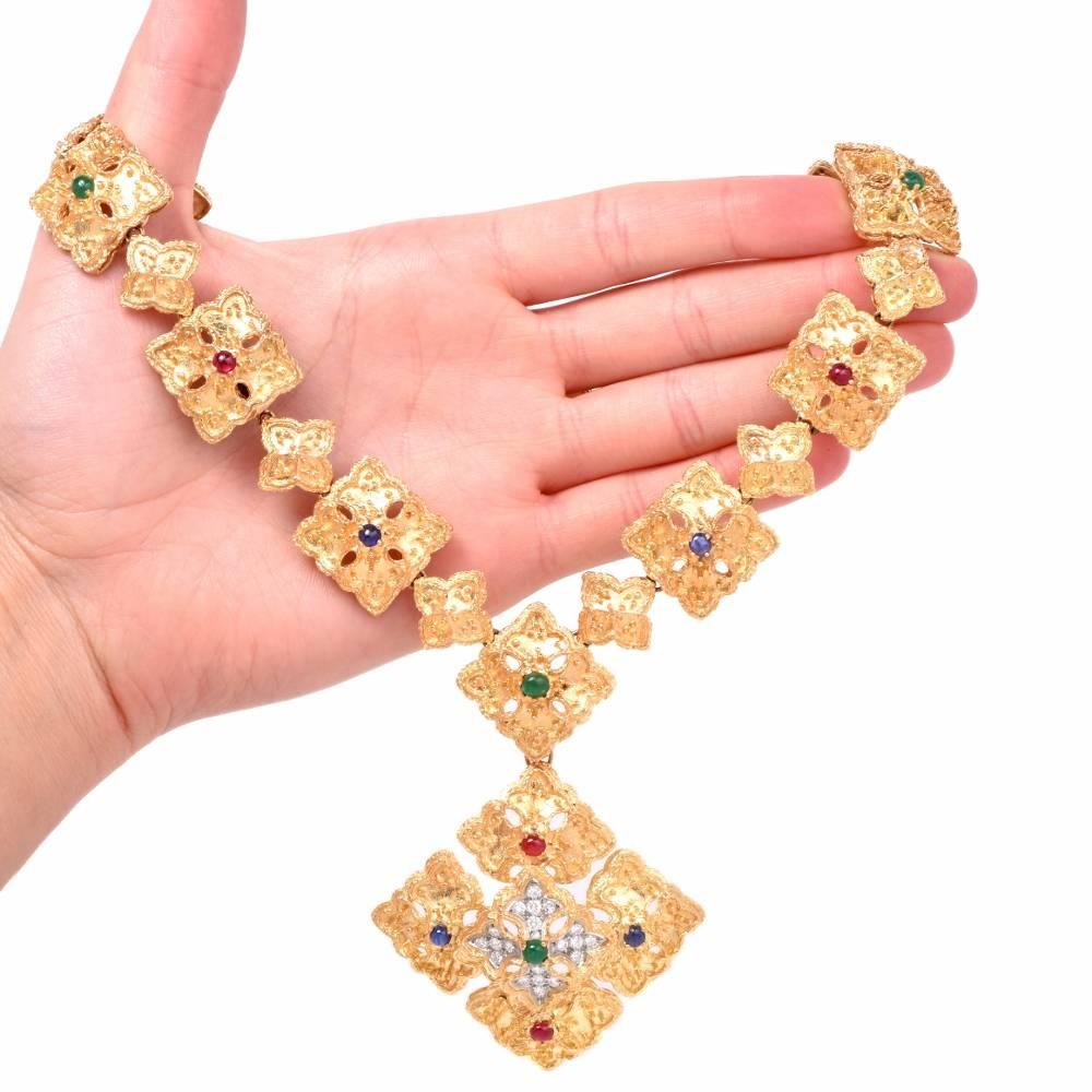 1970s Vintage Diamond Multi Gemstone Gold Pendant Necklace and Bracelet 1