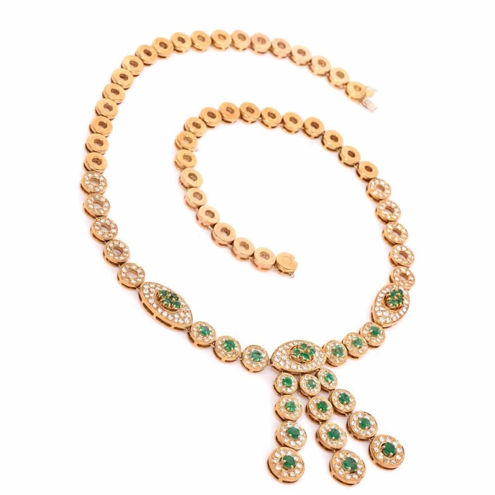 This highly ornate and vividly colored vintage  necklace with integrated  pendants is crafted in solid 18K yellow gold, weighing 87.00 grams and measuring 19 inches long. 
This 1970's vivacious necklace is composed of 3 marquise shape profiles and