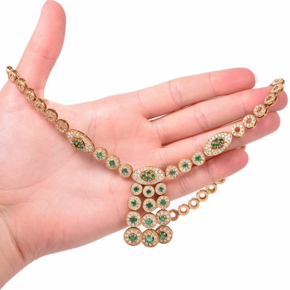 Women's 1970s Diamond Emerald Tassel Gold Necklace