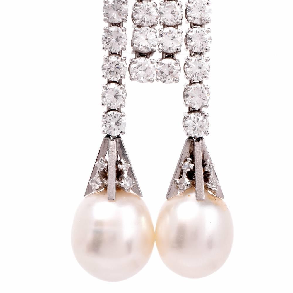 Vintage Diamond Platinum Pendant Drop Pearl Earrings In Excellent Condition In Miami, FL