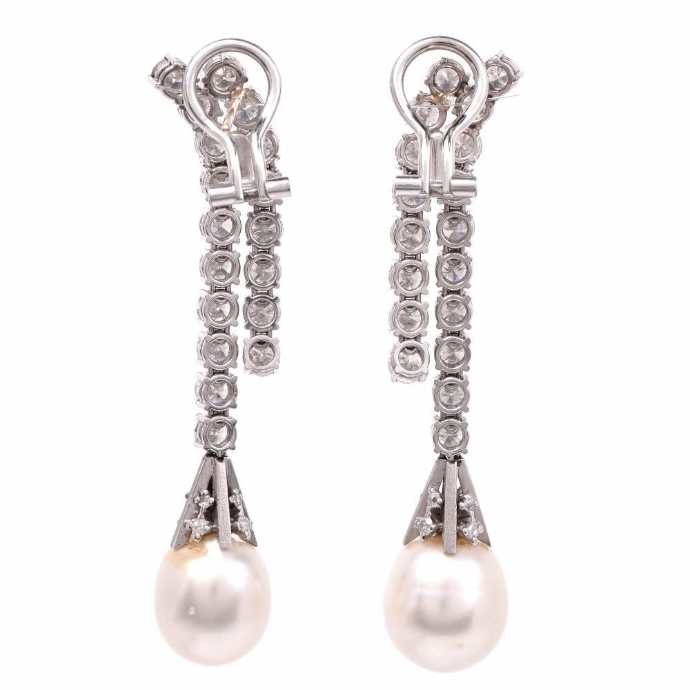 Women's Vintage Diamond Platinum Pendant Drop Pearl Earrings