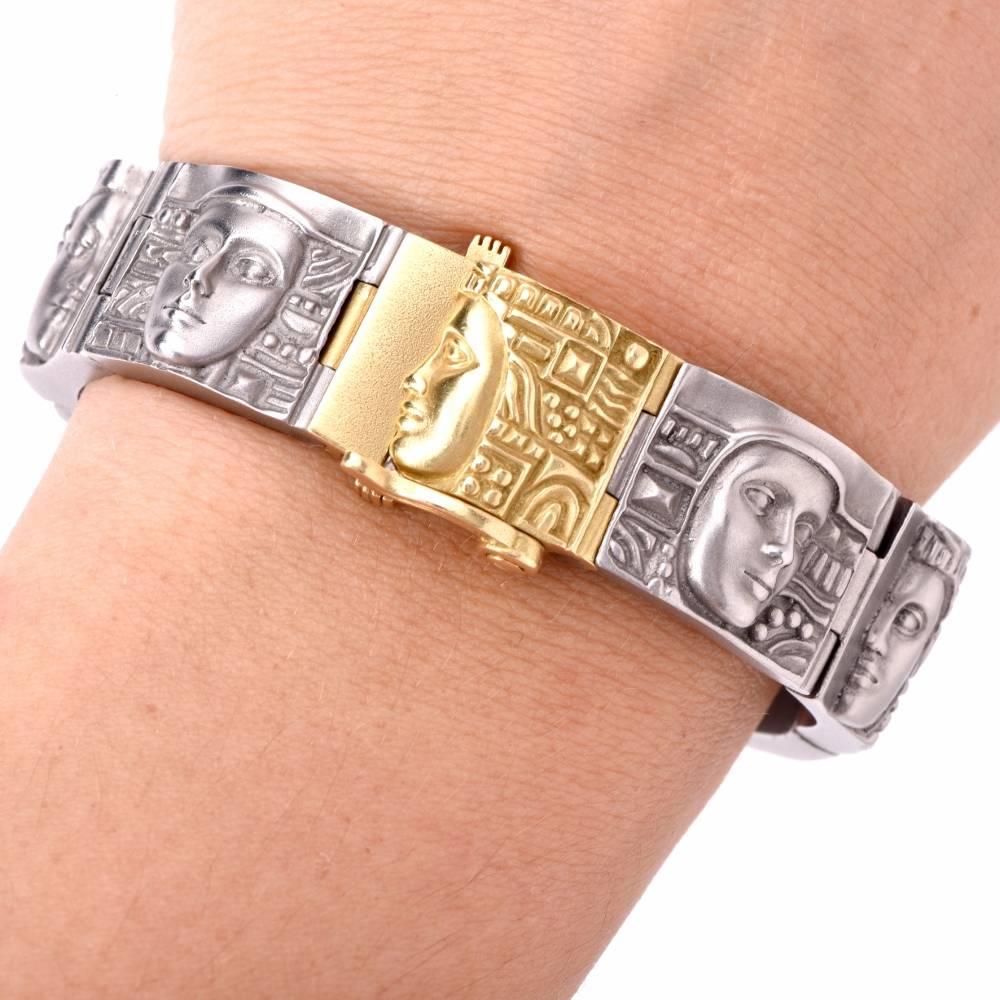 This magnificent Collectable bracelet from the "Woman of the World collection" By Barry Kieselstein-Cord features portrait motifs throughout and secures with a gold insert clasp in 18k solid yellow gold and steel. This impressive bracelet