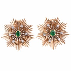 Vintage 1960s Diamond Emerald 18 Karat Snowflake French Earrings and Clip Pin