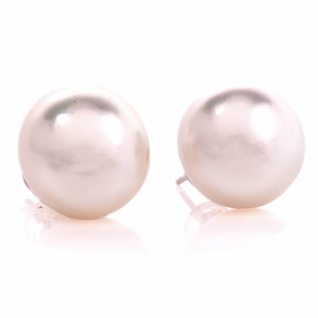 Women's or Men's Modern South Sea Pearl White Gold Stud Earrings