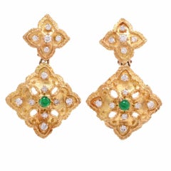 Diamond Emerald Floral Dangle 18 Karat Gold Earrings