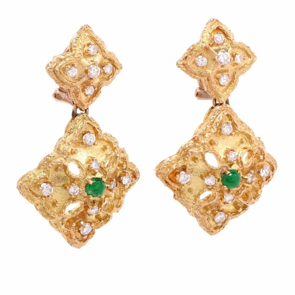 Diamond Emerald Floral Dangle 18 Karat Gold Earrings In Excellent Condition In Miami, FL