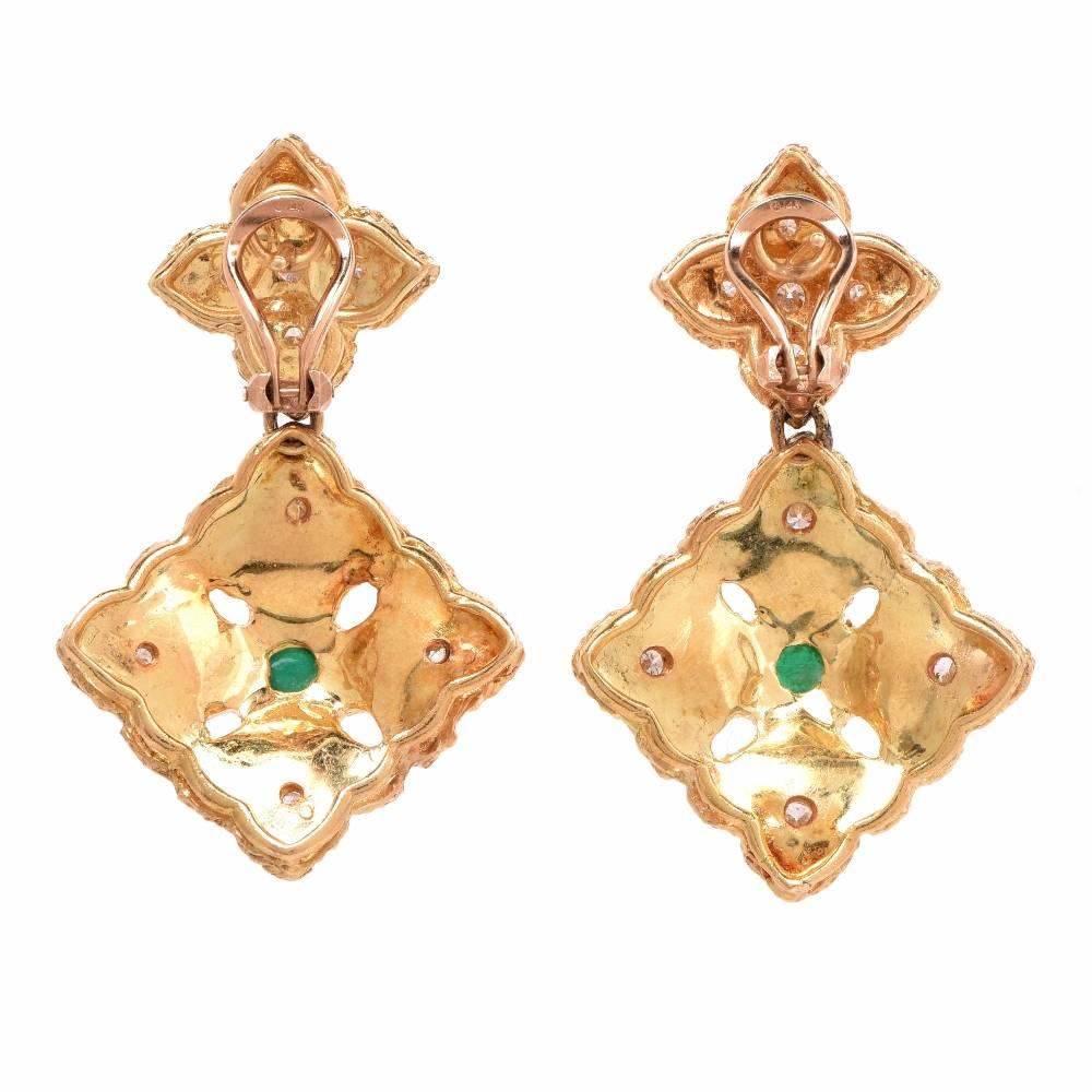 Women's Diamond Emerald Floral Dangle 18 Karat Gold Earrings