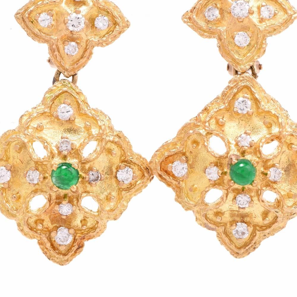 Diamond Emerald Floral Dangle 18 Karat Gold Earrings 1