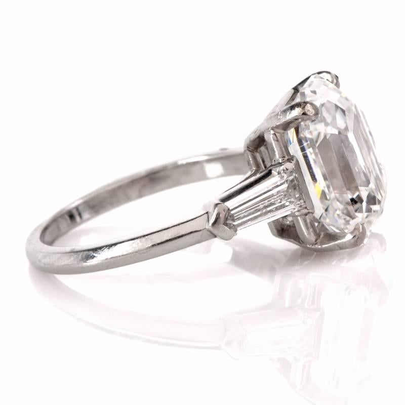 Art Deco 5.39 Asscher Cut 5.09 Carat GIA F-IF Diamond Platinum Engagement Ring