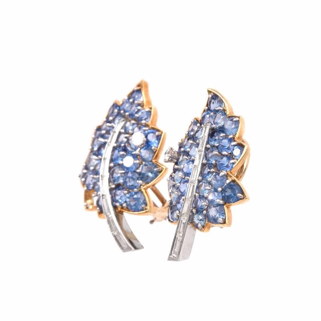 Vintage Diamond Sapphire Cluster Retro Leaves Earrings In Excellent Condition In Miami, FL